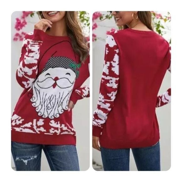 Womens Size M Red Pullover Christmas Ugly Sweater Santa Snowflakes Print Knit - Picture 1 of 7